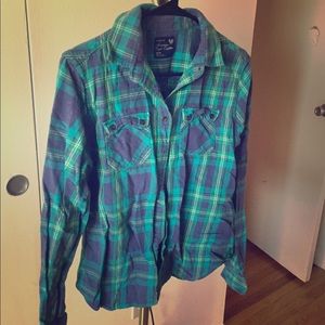 Green plaid American eagle button up